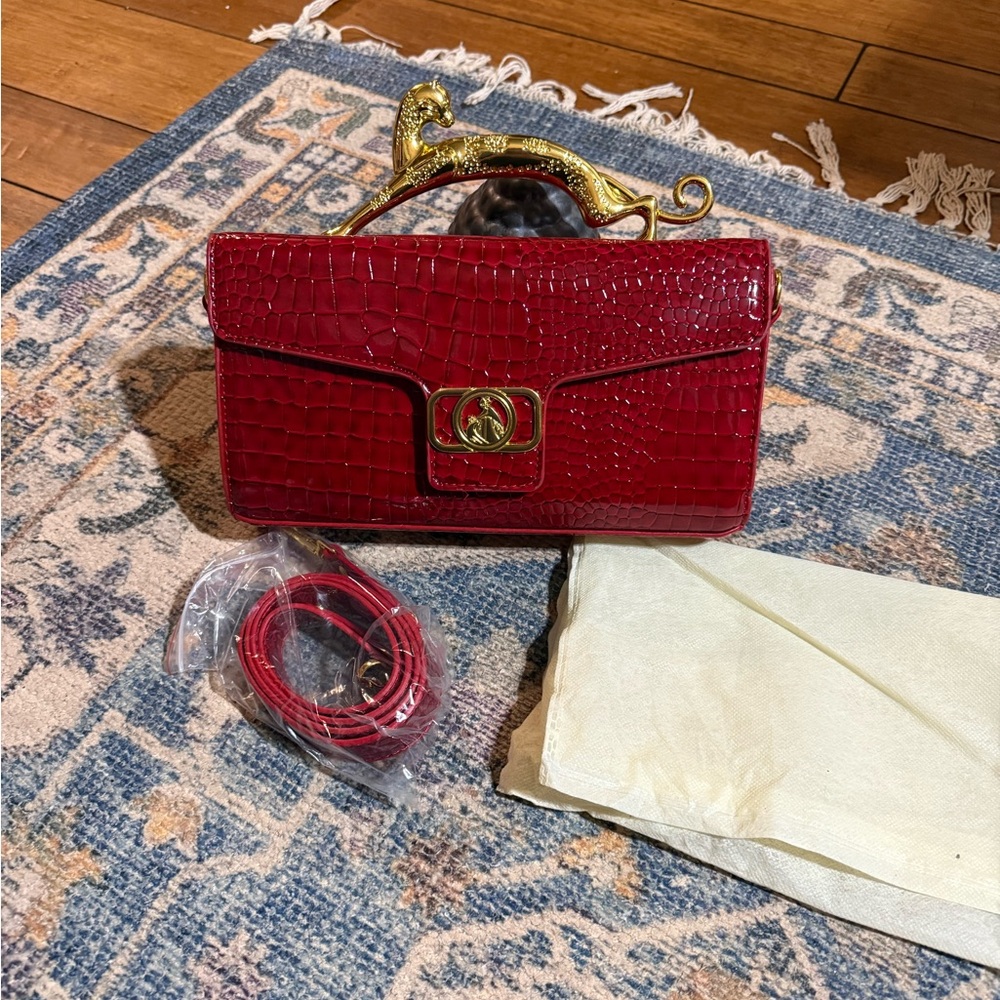 Sold!!! Red Croc-Embossed Crossbody/Handbag with Gold Accents!